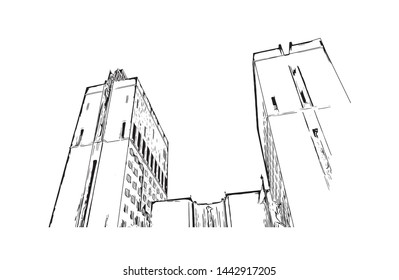 Building view with landmark of Oslo, the capital of Norway, sits on the country’s southern coast at the head of the Oslofjord. Hand drawn sketch illustration in vector.