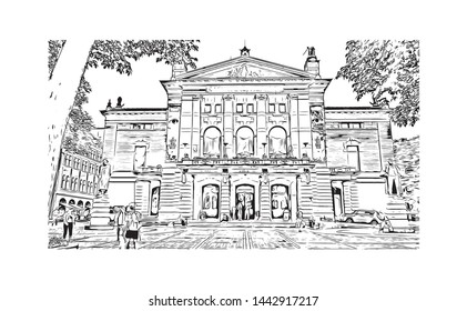 Building view with landmark of Oslo, the capital of Norway, sits on the country’s southern coast at the head of the Oslofjord. Hand drawn sketch illustration in vector.