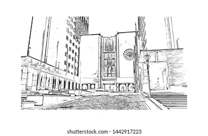 Building view with landmark of Oslo, the capital of Norway, sits on the country’s southern coast at the head of the Oslofjord. Hand drawn sketch illustration in vector.