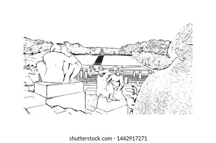 Building view with landmark of Oslo, the capital of Norway, sits on the country’s southern coast at the head of the Oslofjord. Hand drawn sketch illustration in vector.