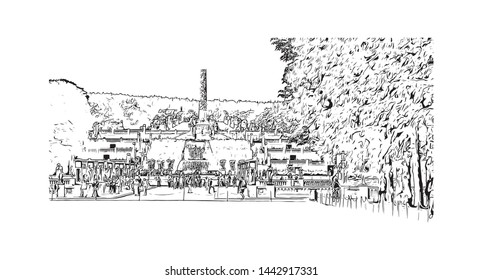 Building view with landmark of Oslo, the capital of Norway, sits on the country’s southern coast at the head of the Oslofjord. Hand drawn sketch illustration in vector.