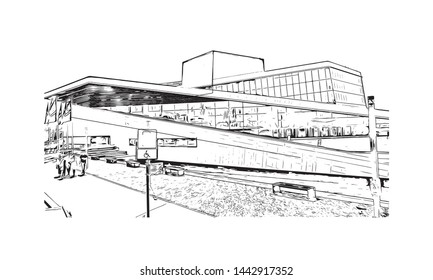 Building view with landmark of Oslo, the capital of Norway, sits on the country’s southern coast at the head of the Oslofjord. Hand drawn sketch illustration in vector.