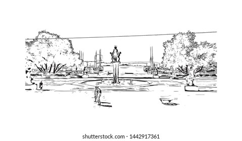 Building view with landmark of Oslo, the capital of Norway, sits on the country’s southern coast at the head of the Oslofjord. Hand drawn sketch illustration in vector.