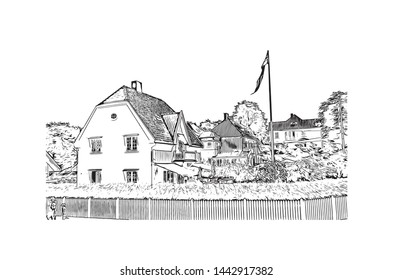 Building view with landmark of Oslo, the capital of Norway, sits on the country’s southern coast at the head of the Oslofjord. Hand drawn sketch illustration in vector.