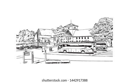 Building view with landmark of Oslo, the capital of Norway, sits on the country’s southern coast at the head of the Oslofjord. Hand drawn sketch illustration in vector.