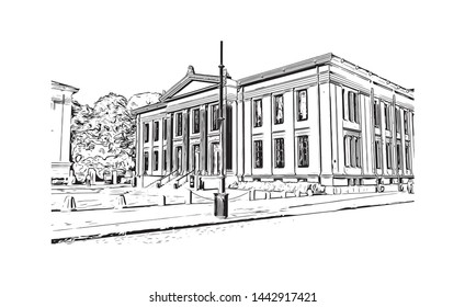 Building view with landmark of Oslo, the capital of Norway, sits on the country’s southern coast at the head of the Oslofjord. Hand drawn sketch illustration in vector.