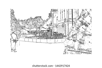 Building view with landmark of Oslo, the capital of Norway, sits on the country’s southern coast at the head of the Oslofjord. Hand drawn sketch illustration in vector.