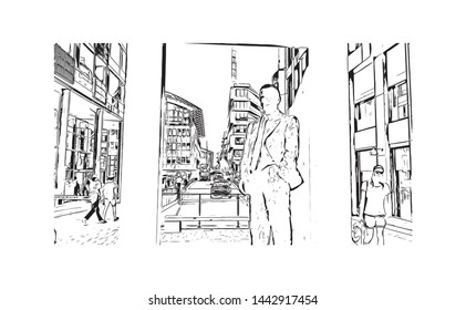 Building view with landmark of Oslo, the capital of Norway, sits on the country’s southern coast at the head of the Oslofjord. Hand drawn sketch illustration in vector.