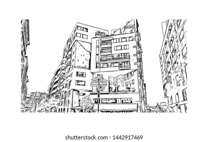 Building view with landmark of Oslo, the capital of Norway, sits on the country’s southern coast at the head of the Oslofjord. Hand drawn sketch illustration in vector.