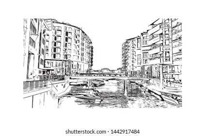 Building view with landmark of Oslo, the capital of Norway, sits on the country’s southern coast at the head of the Oslofjord. Hand drawn sketch illustration in vector.