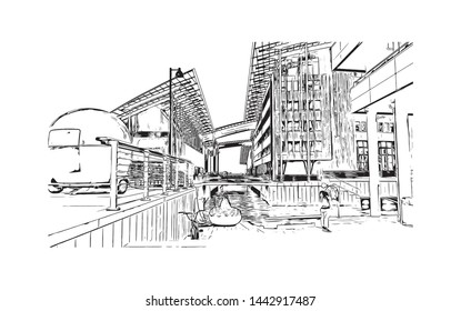 Building view with landmark of Oslo, the capital of Norway, sits on the country’s southern coast at the head of the Oslofjord. Hand drawn sketch illustration in vector.