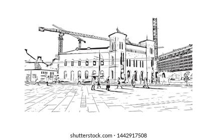 Building view with landmark of Oslo, the capital of Norway, sits on the country’s southern coast at the head of the Oslofjord. Hand drawn sketch illustration in vector.