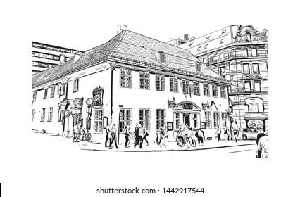 Building view with landmark of Oslo, the capital of Norway, sits on the country’s southern coast at the head of the Oslofjord. Hand drawn sketch illustration in vector.