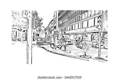 Building view with landmark of Oslo, the capital of Norway, sits on the country’s southern coast at the head of the Oslofjord. Hand drawn sketch illustration in vector.