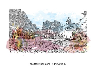 Building view with landmark of Oslo, the capital of Norway, sits on the country’s southern coast at the head of the Oslofjord. Watercolor splash with Hand drawn sketch illustration in vector.