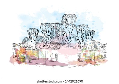 Building view with landmark of Oslo, the capital of Norway, sits on the country’s southern coast at the head of the Oslofjord. Watercolor splash with Hand drawn sketch illustration in vector.