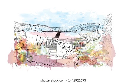 Building view with landmark of Oslo, the capital of Norway, sits on the country’s southern coast at the head of the Oslofjord. Watercolor splash with Hand drawn sketch illustration in vector.