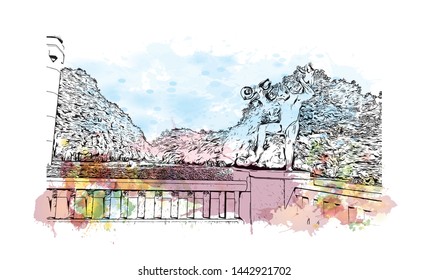 Building view with landmark of Oslo, the capital of Norway, sits on the country’s southern coast at the head of the Oslofjord. Watercolor splash with Hand drawn sketch illustration in vector.