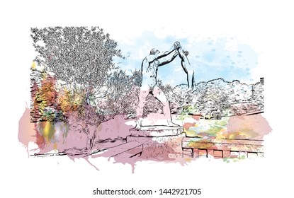 Building view with landmark of Oslo, the capital of Norway, sits on the country’s southern coast at the head of the Oslofjord. Watercolor splash with Hand drawn sketch illustration in vector.