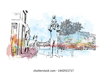 Building view with landmark of Oslo, the capital of Norway, sits on the country’s southern coast at the head of the Oslofjord. Watercolor splash with Hand drawn sketch illustration in vector.