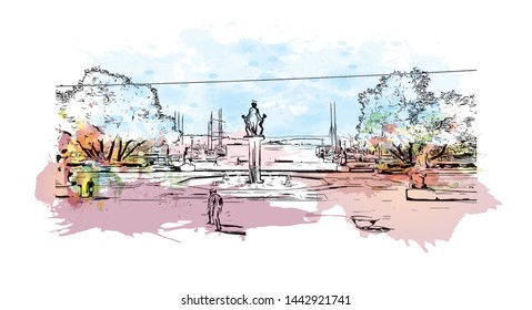 Building view with landmark of Oslo, the capital of Norway, sits on the country’s southern coast at the head of the Oslofjord. Watercolor splash with Hand drawn sketch illustration in vector.
