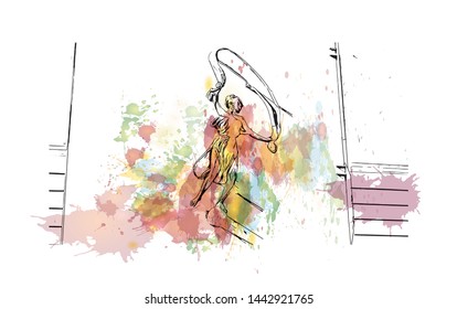 Building view with landmark of Oslo, the capital of Norway, sits on the country’s southern coast at the head of the Oslofjord. Watercolor splash with Hand drawn sketch illustration in vector.