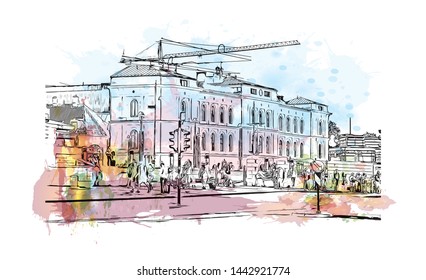 Building view with landmark of Oslo, the capital of Norway, sits on the country’s southern coast at the head of the Oslofjord. Watercolor splash with Hand drawn sketch illustration in vector.