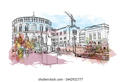 Building view with landmark of Oslo, the capital of Norway, sits on the country’s southern coast at the head of the Oslofjord. Watercolor splash with Hand drawn sketch illustration in vector.