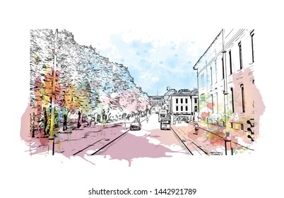 Building view with landmark of Oslo, the capital of Norway, sits on the country’s southern coast at the head of the Oslofjord. Watercolor splash with Hand drawn sketch illustration in vector.