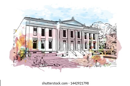 Building view with landmark of Oslo, the capital of Norway, sits on the country’s southern coast at the head of the Oslofjord. Watercolor splash with Hand drawn sketch illustration in vector.