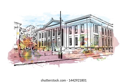 Building view with landmark of Oslo, the capital of Norway, sits on the country’s southern coast at the head of the Oslofjord. Watercolor splash with Hand drawn sketch illustration in vector.