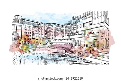 Building view with landmark of Oslo, the capital of Norway, sits on the country’s southern coast at the head of the Oslofjord. Watercolor splash with Hand drawn sketch illustration in vector.