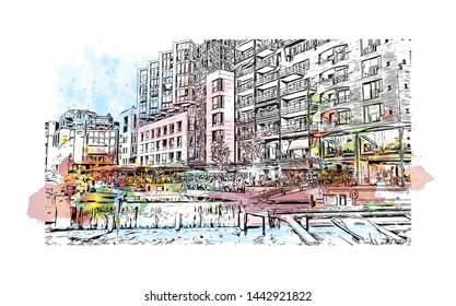 Building view with landmark of Oslo, the capital of Norway, sits on the country’s southern coast at the head of the Oslofjord. Watercolor splash with Hand drawn sketch illustration in vector.