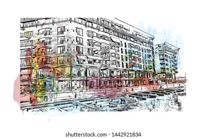 Building view with landmark of Oslo, the capital of Norway, sits on the country’s southern coast at the head of the Oslofjord. Watercolor splash with Hand drawn sketch illustration in vector.