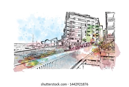 Building view with landmark of Oslo, the capital of Norway, sits on the country’s southern coast at the head of the Oslofjord. Watercolor splash with Hand drawn sketch illustration in vector.
