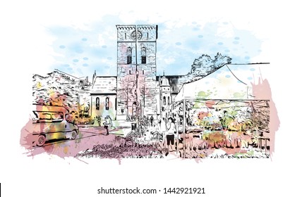 Building view with landmark of Oslo, the capital of Norway, sits on the country’s southern coast at the head of the Oslofjord. Watercolor splash with Hand drawn sketch illustration in vector.