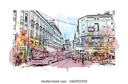Building view with landmark of Oslo, the capital of Norway, sits on the country’s southern coast at the head of the Oslofjord. Watercolor splash with Hand drawn sketch illustration in vector.