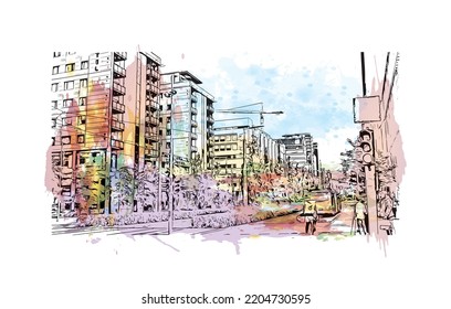 Building view with landmark of Oslo is the 
capital in Norway. Watercolor splash with hand drawn sketch illustration in vector.