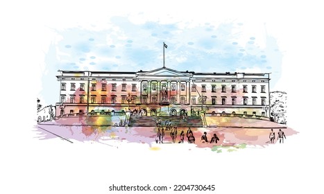 Building view with landmark of Oslo is the 
capital in Norway. Watercolor splash with hand drawn sketch illustration in vector.