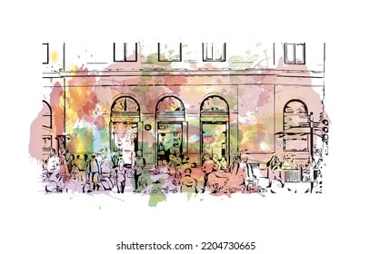 Building view with landmark of Oslo is the 
capital in Norway. Watercolor splash with hand drawn sketch illustration in vector.