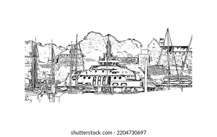 Building view with landmark of Oslo is the 
capital in Norway. Hand drawn sketch illustration in vector.