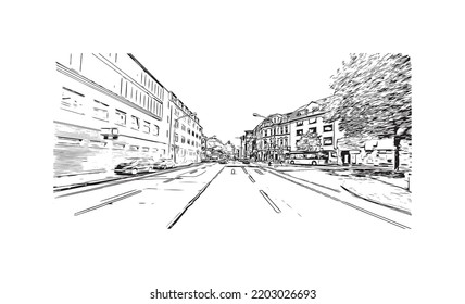 Building view with landmark of Osnabruck is a city in northwest Germany. Hand drawn sketch illustration in vector.