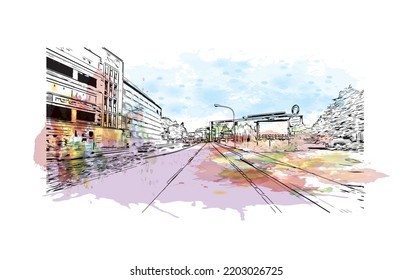 Building view with landmark of Osnabruck is a city in northwest Germany. Watercolor splash with hand drawn sketch illustration in vector.