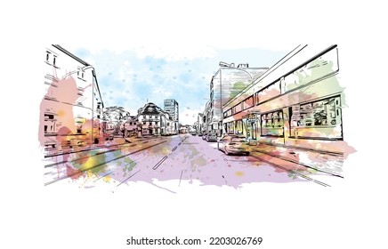 Building view with landmark of Osnabruck is a city in northwest Germany. Watercolor splash with hand drawn sketch illustration in vector.