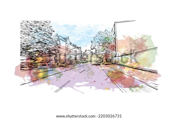 Building view with landmark of Osnabruck is a\
city in northwest Germany. Watercolor splash with hand drawn sketch\
illustration in\
vector.