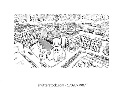 Building view with landmark of Ostrava is a city in the north-east of the Czech Republic, and the capital of the Moravian-Silesian Region. Hand drawn sketch illustration in vector.
