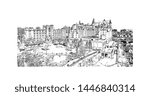 Building view with landmark of Ottawa is Canada’s capital, in the east of southern Ontario, near the city of Montreal and the U.S. border. Hand drawn sketch illustration in vector.