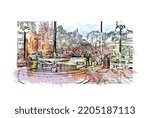 Building view with landmark of Ottawa is the 
capital of Canada. Watercolor splash with hand drawn sketch illustration in vector.