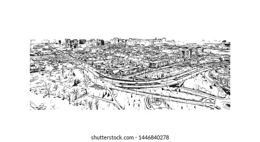 Building view with landmark of Ottawa is Canada’s capital, in the east of southern Ontario, near the city of Montreal and the U.S. border. Hand drawn sketch illustration in vector.