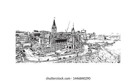 Building view with landmark of Ottawa is Canada’s capital, in the east of southern Ontario, near the city of Montreal and the U.S. border. Hand drawn sketch illustration in vector.